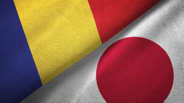 Romanya ve Japonya iki bayrak tekstil kumaş, kumaş doku