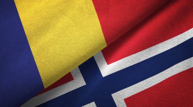 Romanya ve Norveç iki bayrak tekstil kumaş, kumaş doku