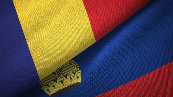 Roemenië en Liechtenstein twee vlaggen textiel doek, weefsel textuur — Stockfoto