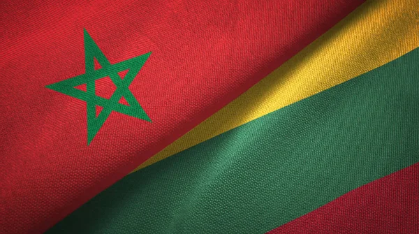 Marokko en Litouwen twee vlaggen textiel doek, stof textuur — Stockfoto