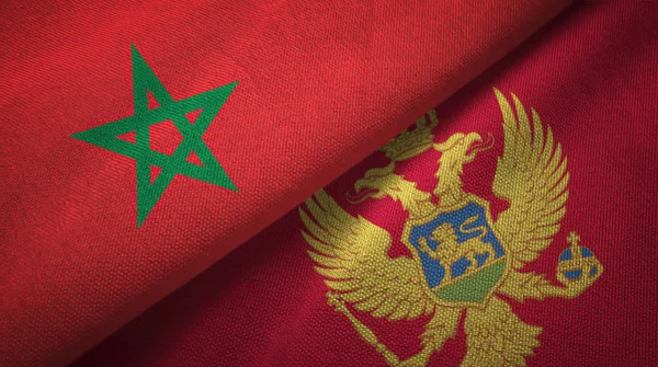 Marokko en Montenegro twee vlaggen textiel doek, weefsel textuur — Stockfoto