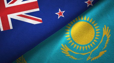 Yeni Zelanda ve Kazakistan iki bayraklı tekstil kumaş, kumaş doku