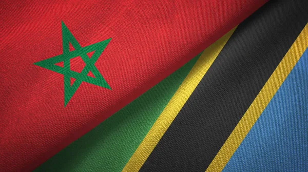 Marokko en Tanzania twee vlaggen textiel doek, stof textuur — Stockfoto