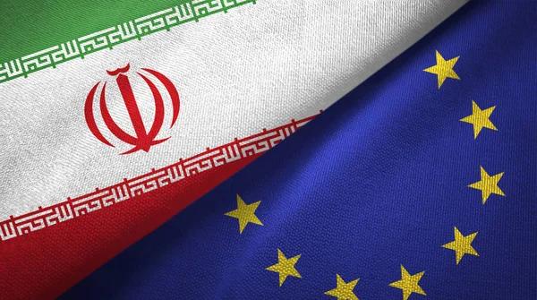 Iran and European Union two flags textile cloth, fabric texture