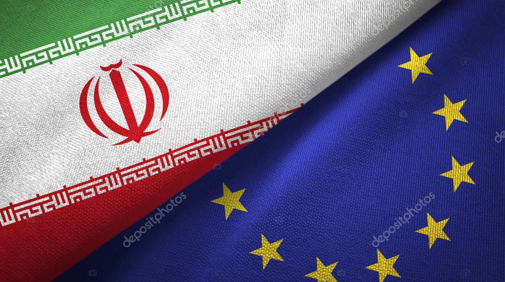 Iran and European Union two flags textile cloth, fabric texture