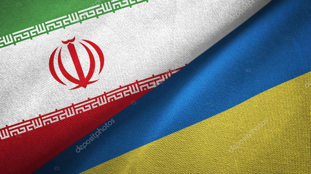 Iran and Ukraine two flags textile cloth, fabric texture