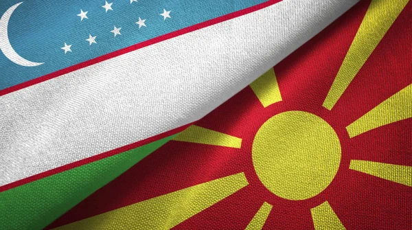 Uzbekistan and Macedonia two flags textile cloth, fabric texture — Stock Photo, Image