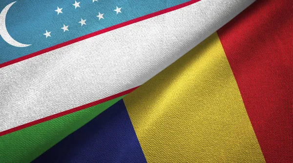 Uzbekistan and Romania two flags textile cloth, fabric texture — Stock Photo, Image