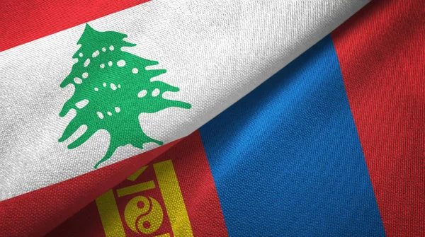 Libanon en Mongolië twee vlaggen textiel doek, stof textuur — Stockfoto