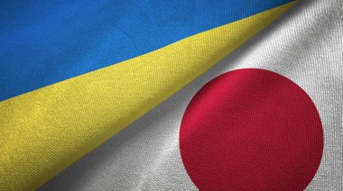 Ukrayna ve Japonya iki bayraklar tekstil kumaş, kumaş doku