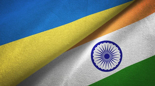 Ukraine and India two flags textile cloth, fabric texture — Stock Photo, Image