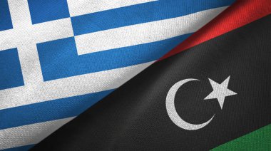 Yunanistan ve Libya iki bayrak tekstil kumaş, kumaş doku