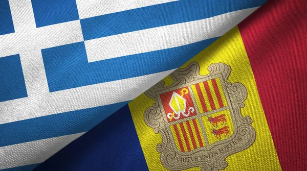 Griekenland en Andorra twee vlaggen textiel doek, weefsel textuur — Stockfoto
