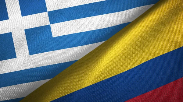 Griekenland en Colombia twee vlaggen textiel doek, weefsel textuur — Stockfoto