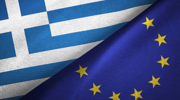 Greece and European Union two flags textile cloth, fabric texture