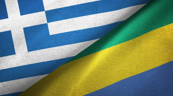 Griekenland en Gabon twee vlaggen textiel doek, weefsel textuur — Stockfoto