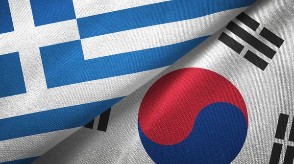 Řecko a Jižní Korea dvě vlajky textilní tkaniny, textura textilií — Stock fotografie