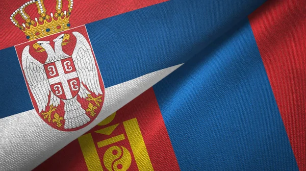 Serbia y Mongolia dos banderas tela textil, textura de la tela —  Fotos de Stock