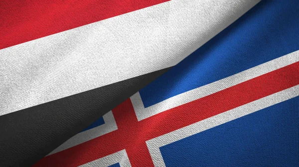 Jemen és Izland két zászlós textilszövet, szövet textúra — Stock Fotó