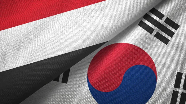 Yemen e Corea del Sud due bandiere tessuto, tessitura del tessuto — Foto Stock