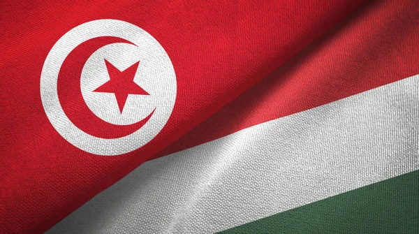 Tunézia és Magyarország két zászló Textil szövet, szövet textúra — Stock Fotó