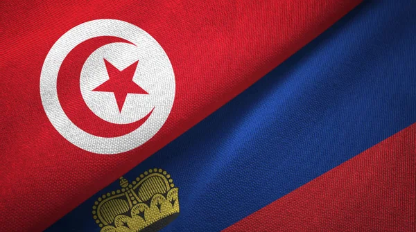 Tunisie et Liechtenstein deux drapeaux tissu textile, texture du tissu — Photo