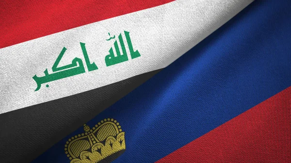 Iraque e Liechtenstein duas bandeiras de pano têxtil, textura de tecido — Fotografia de Stock