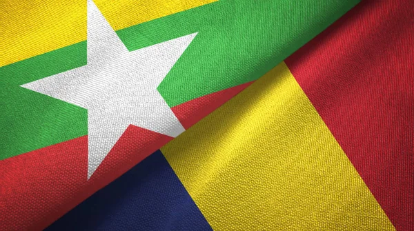 Myanmar en Tsjaad twee vlaggen textiel doek, weefsel textuur — Stockfoto