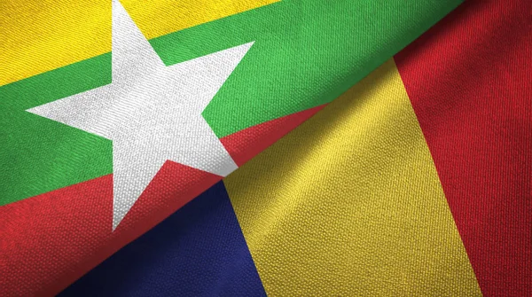 Myanmar en Roemenië twee vlaggen textiel doek, stof textuur — Stockfoto