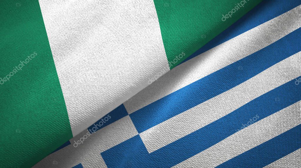Nigeria and Greece two flags textile cloth, fabric texture
