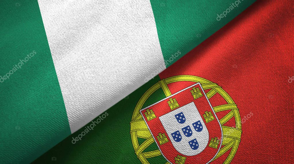 Nigeria and Portugal two flags textile cloth, fabric texture
