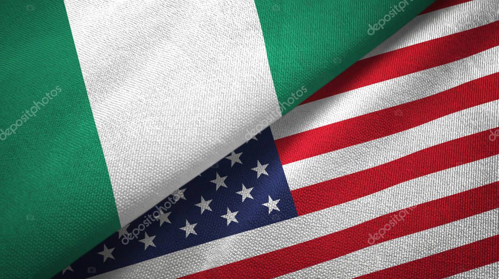 Nigeria and United States two flags textile cloth, fabric texture