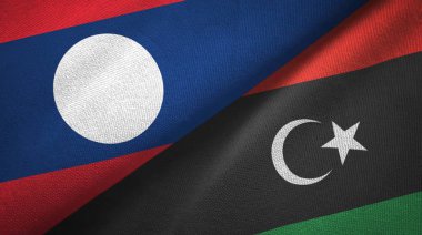 Laos ve Libya iki bayrak tekstil kumaş, kumaş doku