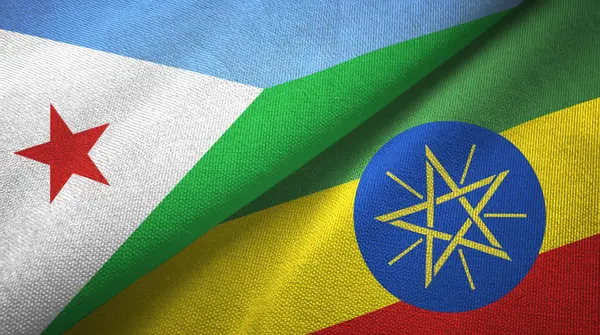 Djibouti a Etiopie dvě vlajky textilní tkaniny, textura textilií — Stock fotografie