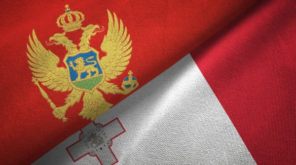 Montenegro och Malta två flaggor textil trasa, tyg textur — Stockfoto