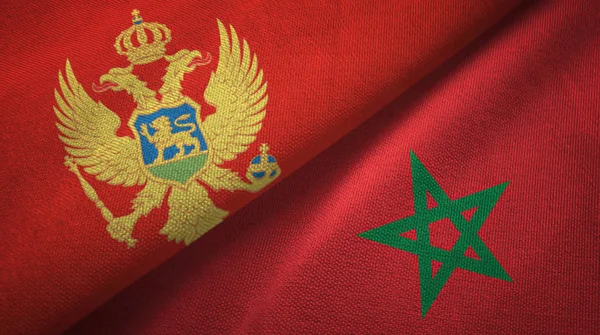 Montenegro en Marokko twee vlaggen textiel doek, stof textuur — Stockfoto