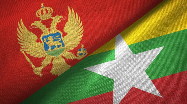 Montenegro y Myanmar dos banderas tela textil, textura de la tela — Foto de Stock