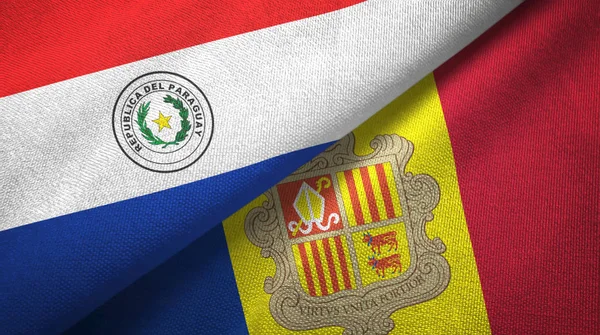Paraguai e Andorra duas bandeiras pano têxtil, textura de tecido — Fotografia de Stock