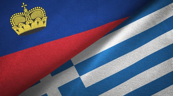 Liechtenstein och Grekland två flaggor textil trasa, tyg konsistens — Stockfoto