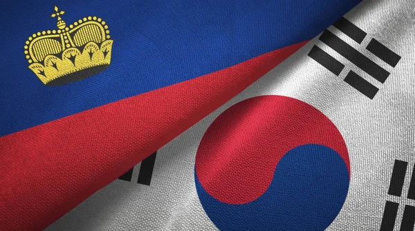 Liechtenstein e Corea del Sud due bandiere tessuto, tessitura tessuto — Foto Stock