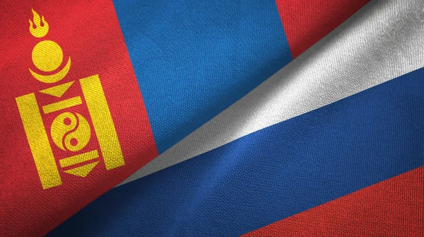Mongolia and Russia two flags textile cloth, fabric texture