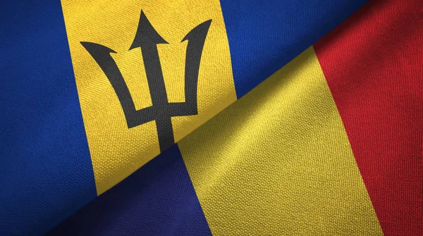 Barbados en Roemenië twee vlaggen textiel doek, stof textuur — Stockfoto