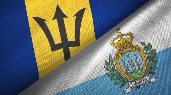 Barbados y San Marino dos banderas tela textil, textura de la tela — Foto de Stock