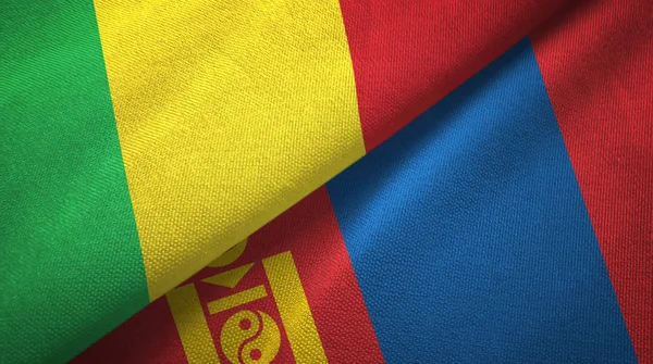 Mali och Mongoliet två flaggor textil trasa, tyg konsistens — Stockfoto