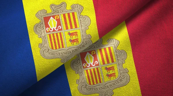 Andorra två flaggor textil tyg, tyg konsistens — Stockfoto