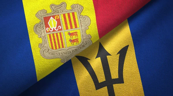 Andorra och Barbados två flaggor textil tyg, tyg konsistens — Stockfoto