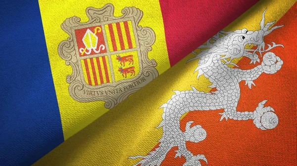 Andorra och Bhutan två flaggor textil tyg, tyg konsistens — Stockfoto