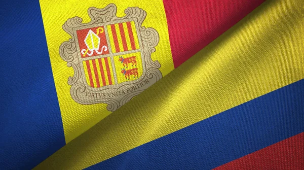 Ανδόρα και Κολομβία δύο σημαίες ύφασμα υφασμάτων, υφή υφάσματος — Φωτογραφία Αρχείου