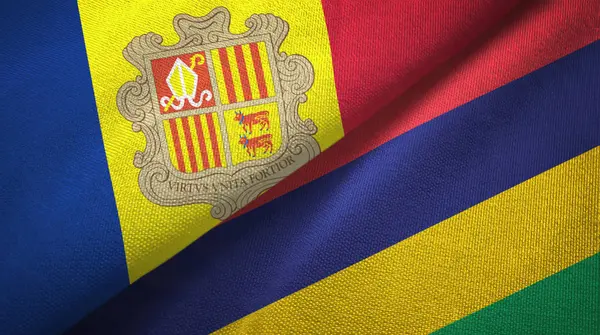 Andorra och Mauritius två flaggor textil tyg, tyg konsistens — Stockfoto