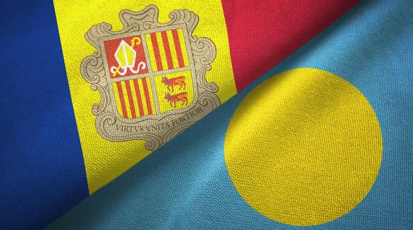 Andorra och Palau två flaggor textil trasa, tyg konsistens — Stockfoto